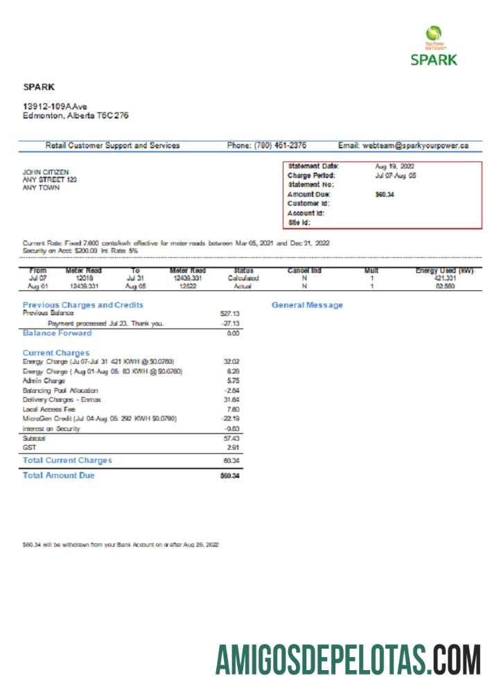 Conta de serviços públicos do Canadá Alberta Spark amostra